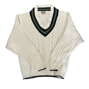 Vintage Weekends 100% Natural Cable Knit V-Neck Sweater | Preppy Classic | XL